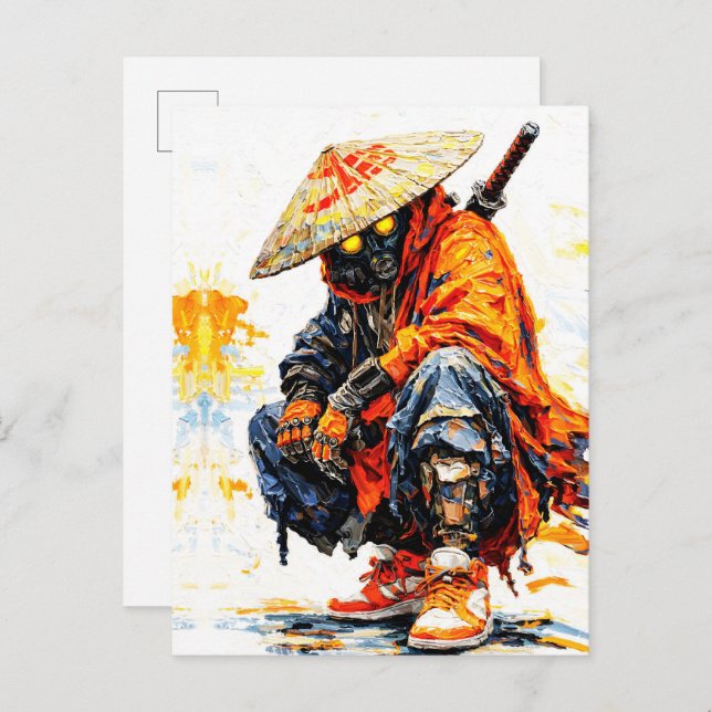 Cyber Samurai Palette Knife Neon Orange Impasto Vykort (Fram/baksida)