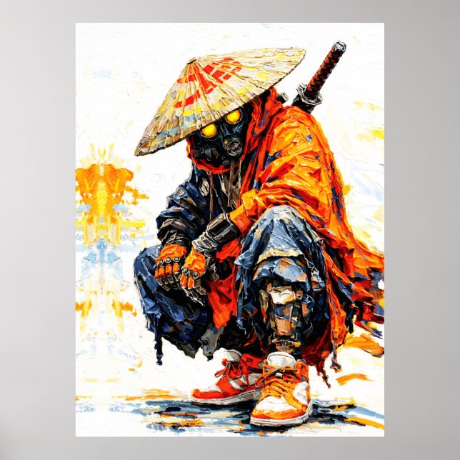 Cyber Samurai Palettkniv Neon Orange Impasto Poster (Framsidan)