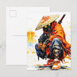Cyber Samurai Palettkniv Neon Orange Impasto Vykort