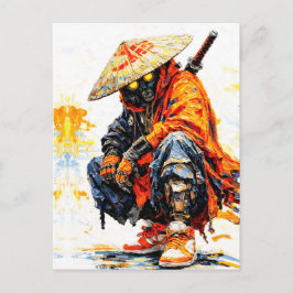Cyber Samurai Palettkniv Neon Orange Impasto Vykort