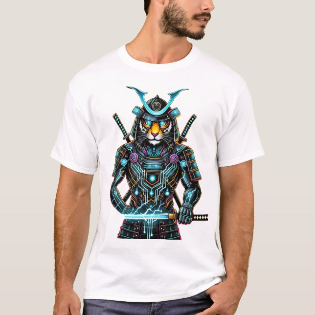 Cyber Samurai Tiger - Futuristiska Warrior Art T Shirt (Framsida)