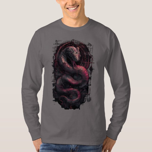 Cyber Serpent Mörk Fantasy Grunge Långärmad T Shirt (Framsida)