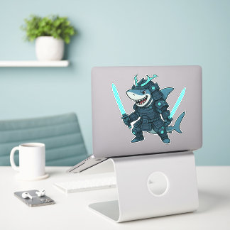 Cyber Shark in Armor with Dual Swords Sticker Klistermärken