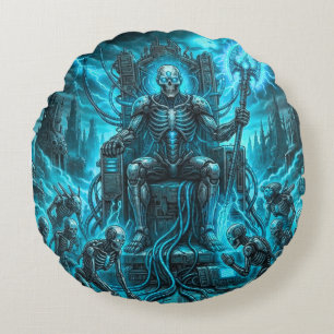 Cyber Skeleton King & Grim Reaper Electric Blue Rund Kudde