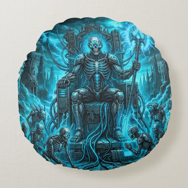 Cyber Skeleton King & Grim Reaper Electric Blue  Rund Kudde (Framsidan)