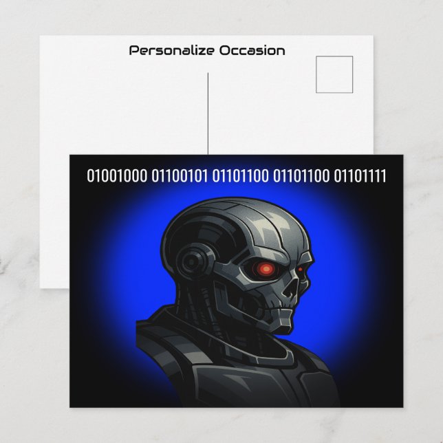 Cyber Skull Blue Glow Binary Hello Tech Design  Helg Vykort (Fram/baksida)