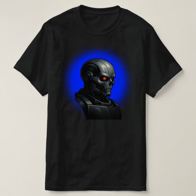 Cyber Skull Blue Glow Robot Head Graphic Design   T Shirt (Design framsida)