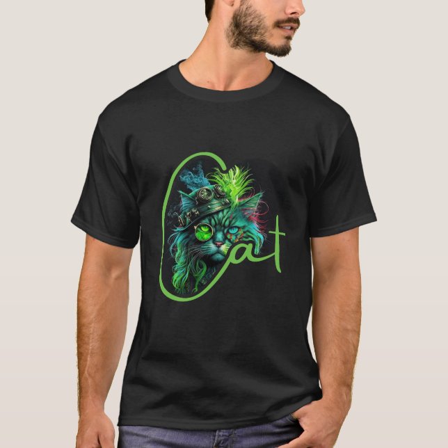 Cyber Steampunk Katt – Neon Futuristisk Kattälskar T Shirt (Framsida)