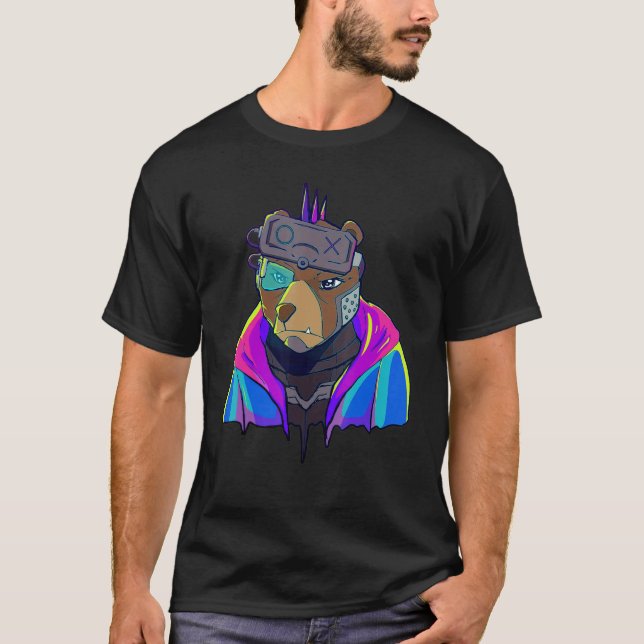 Cyber Vaporwave Aesthetic Futuristic Bear Robot T Shirt (Framsida)