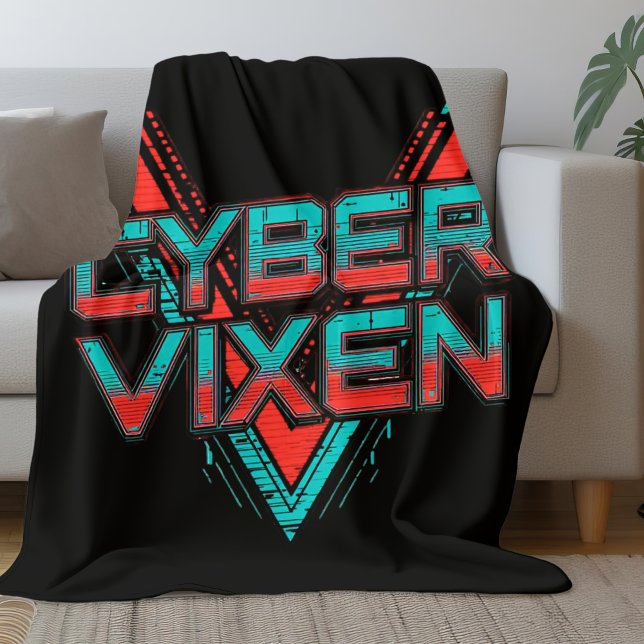 Cyber Vixen Gamer Girl Black Red Teal Video Gaming Fleecefilt (Skapare uppladdad)