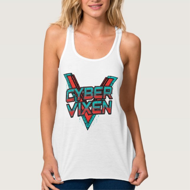 Cyber Vixen - Red Teal Gamer Girl Graphic Gaming Linne Med Racerback (Framsida)