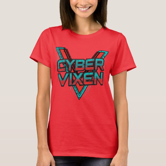 Cyber Vixen - Red Teal Gamer Girl Graphic Gaming T Shirt (Framsida)