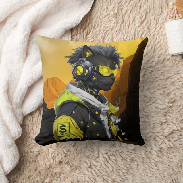 Cyberkatt | Futuristisk Neon Hacker Cat Cyberpunk  Kudde (Filt)