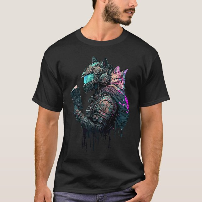 Cyberkattbeskyddare Punk Synthwave Läsning Futuris T Shirt (Framsida)