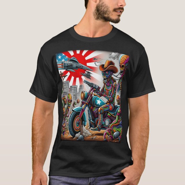 Cybernetic Bikers in Psychedelic Apocalypse T Shirt (Framsida)