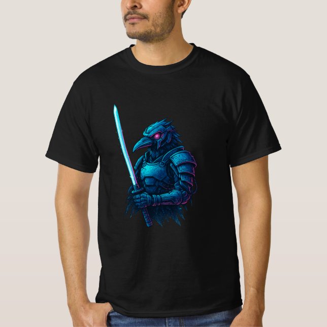 Cybernetic Crow Ronin – Neon Samurai Bird Warrior T Shirt (Framsida)
