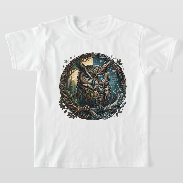 Cybernetic Owl Nature vs Technology Steampunk T Shirt (Laydown)