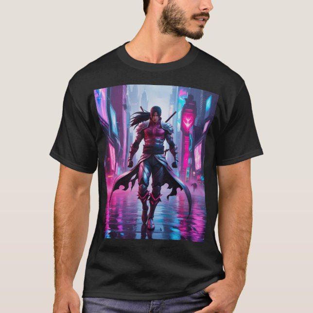 Cybernetisk fury: Genji i Neon Cityscape T Shirt (Framsida)