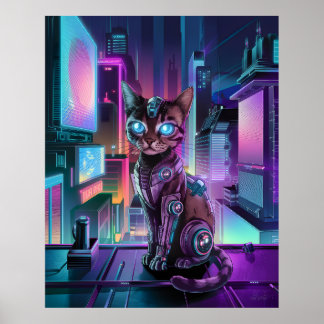 Cybernetiskt katt - Futuristiska Neon City AI Assi Poster