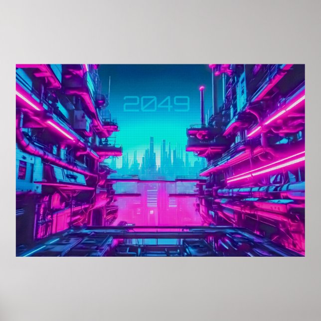Cyberpunk 2049 Neon City Landscape Sci-Fi Poster (Framsidan)