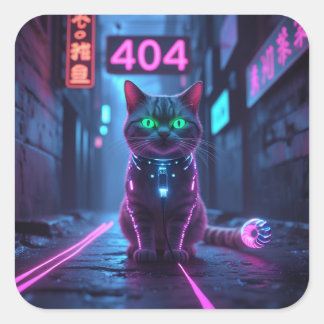 Cyberpunk 404 Error Neon Cat Sticker Fyrkantigt Klistermärke