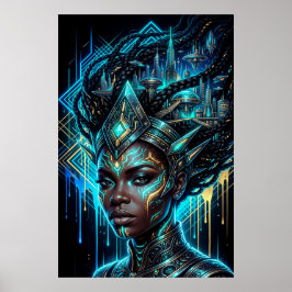 Cyberpunk Afrofuturism Neon Stad Svart Drottning Poster