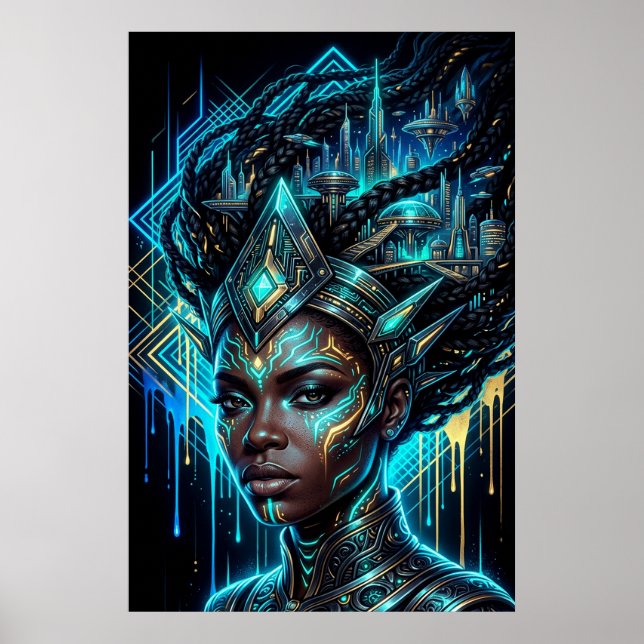 Cyberpunk Afrofuturism Neon Stad Svart Drottning Poster (Framsidan)