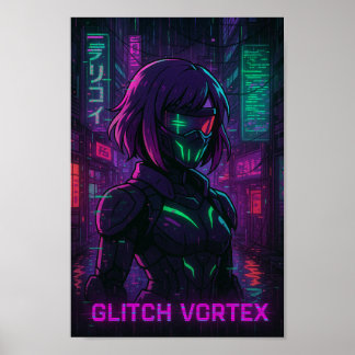 Cyberpunk Anime Girl in Neon Cityscape Poster