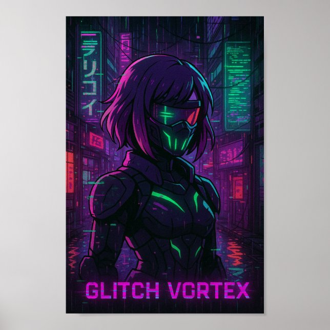 Cyberpunk Anime Girl in Neon Cityscape Poster (Framsidan)