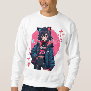 Cyberpunk Anime Girl med Cat Öron- Neon Aestthetic Lång Ärmad Tröja