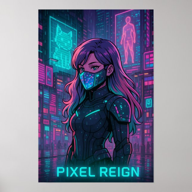 Cyberpunk Anime Girl - Pixel City Poster (Framsidan)