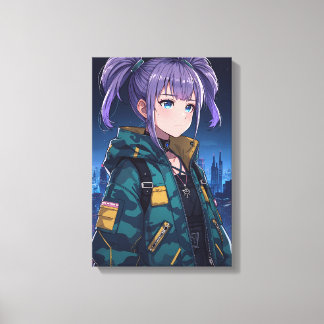 Cyberpunk Anime Tjej Flätor Kamouflagejacka Konst Canvastryck
