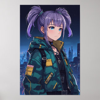 Cyberpunk Anime Tjej Flätor Kamouflagejacka Konst Poster