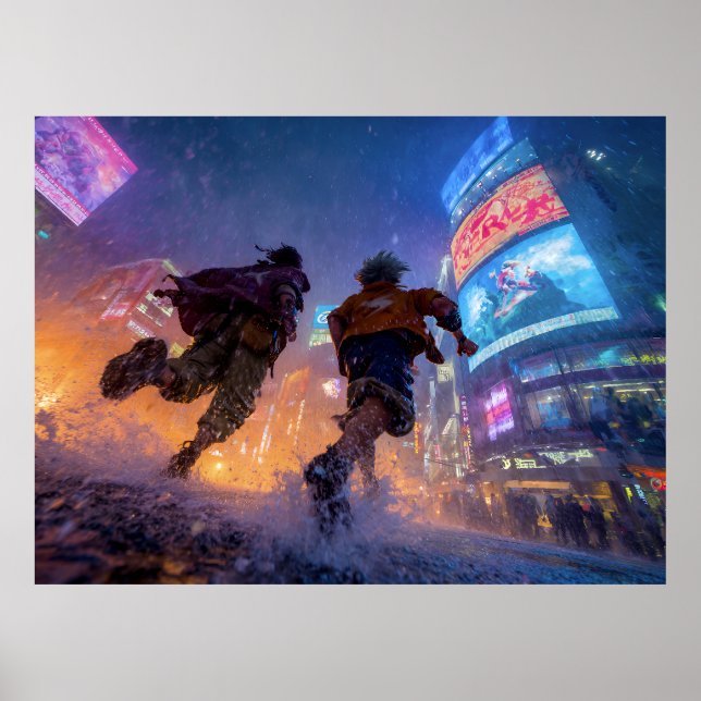 Cyberpunk Anime Warriors Rain Fight Poster (Framsidan)