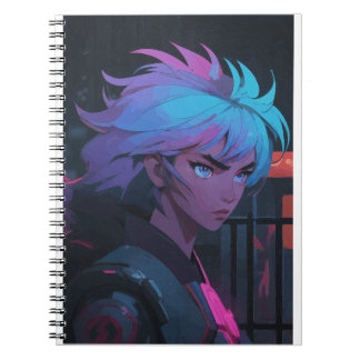Cyberpunk Animeflicka med neonhår – Futuristisk Anteckningsbok