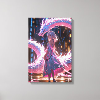 Cyberpunk Animeflicka Neon Drake Fantasykonst Canvastryck