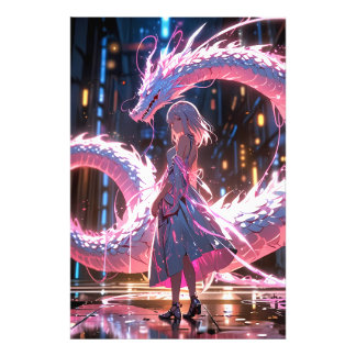 Cyberpunk Animeflicka Neon Drake Fantasykonst Fototryck