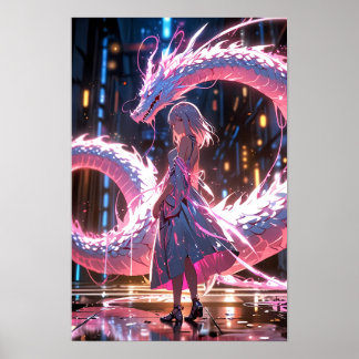 Cyberpunk Animeflicka Neon Drake Fantasykonst Poster