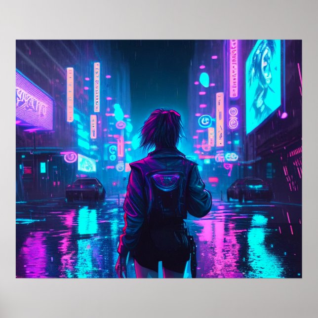 Cyberpunk animerad regnstad poster (Framsidan)