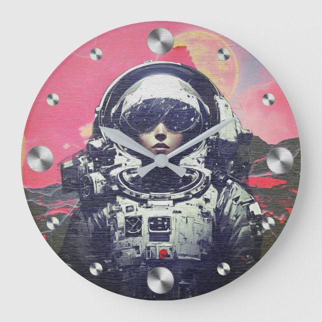 Cyberpunk-astronaut - Rosa neonrymd Stor Klocka (Framsida)