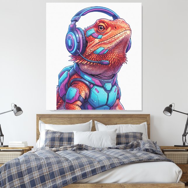 Cyberpunk Bearded Dragon - Gamer Lizard with Heads Canvastryck (Insitu (sovrum))
