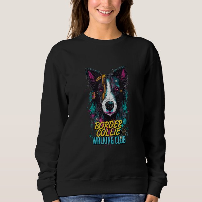 Cyberpunk Border Collie Walking Club Futuristic Do T Shirt (Framsida)