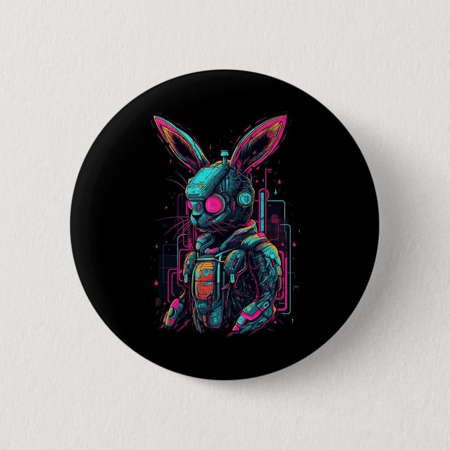 Cyberpunk Bunny Cyborg Rabbit Coola Gamer Påsk Knapp (Framsida)