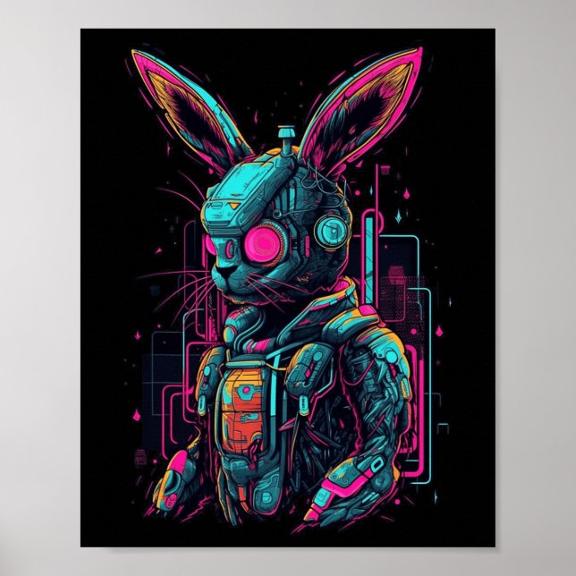 Cyberpunk Bunny Cyborg Rabbit Coola Gamer Påsk Poster (Framsidan)