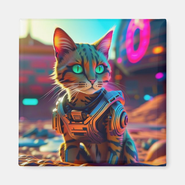 Cyberpunk Cat Fridge Magnet (Framsidan)