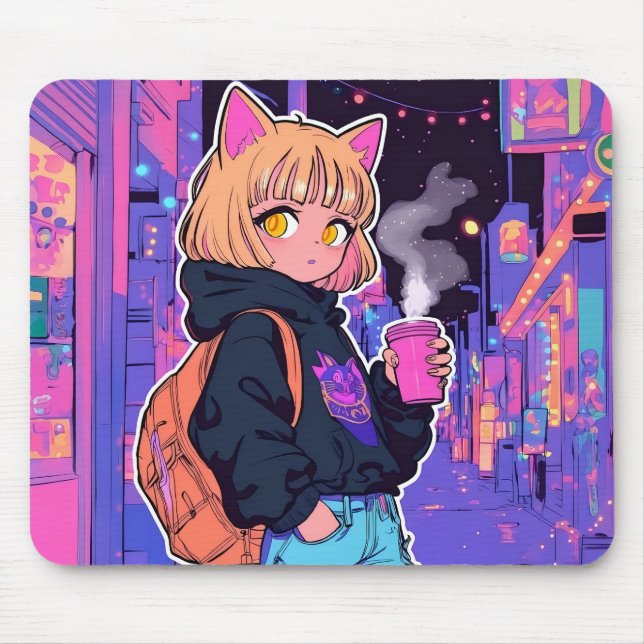 Cyberpunk Cat Girl Mousepad – Neon Aesthetic Musmatta (Framsidan)
