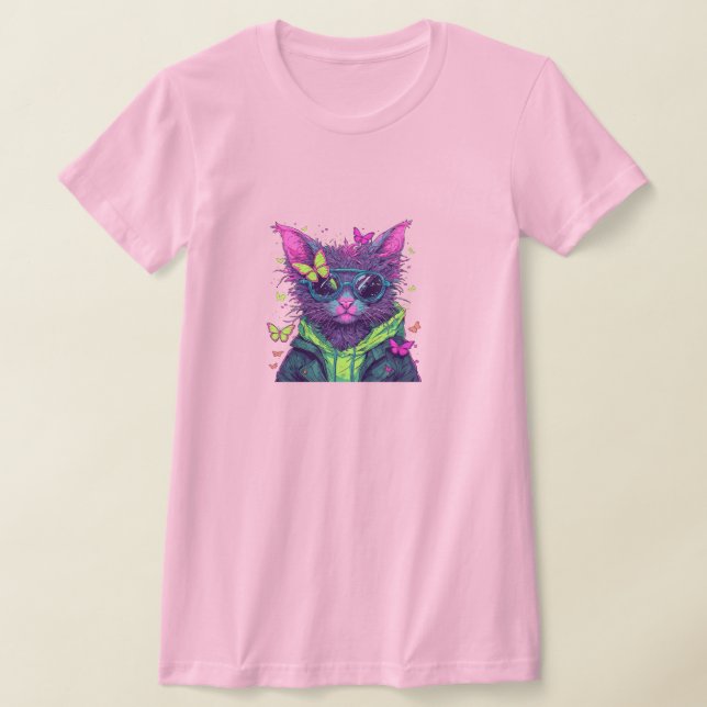 Cyberpunk Cat with Sunglasses and Neon Butterflies T Shirt (Laydown)