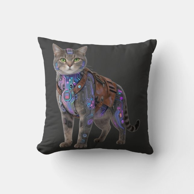 Cyberpunk Circuit Cat – Neon Tech Beast Kudde (Framsida)