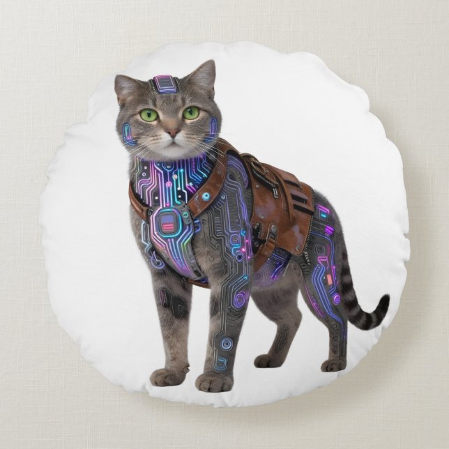 Cyberpunk Circuit Cat – Neon Tech Beast Rund Kudde (Framsidan)