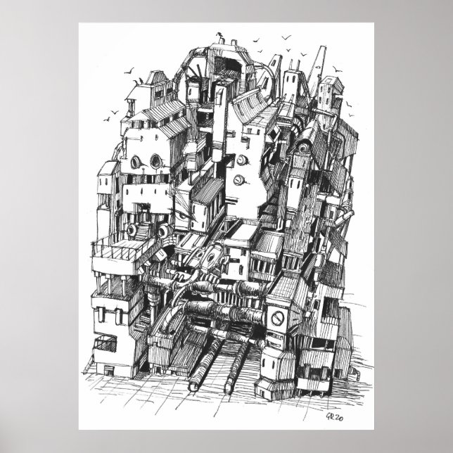 Cyberpunk City bläck art Poster (Framsidan)